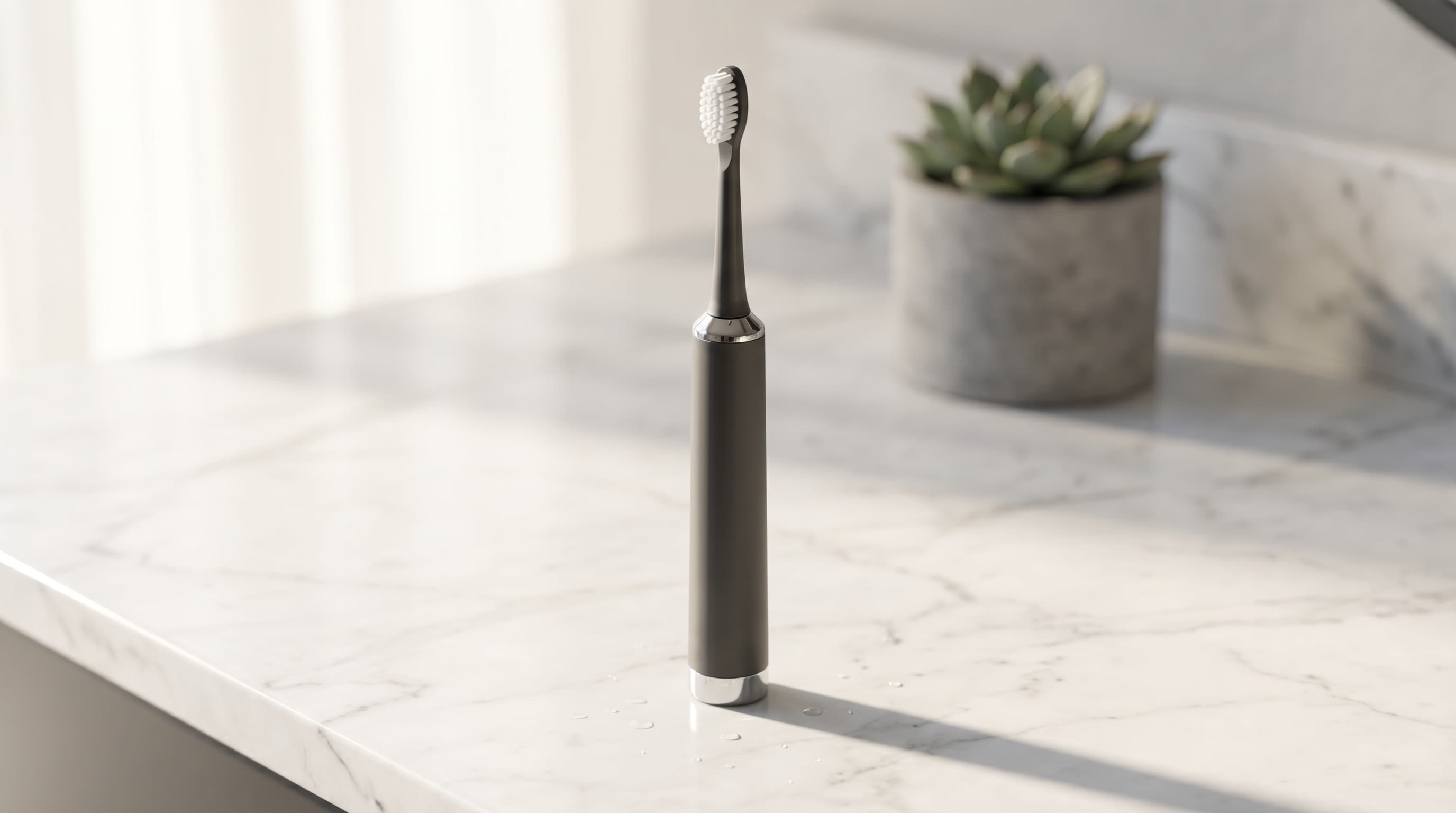 Electric toothbrush on bathroom counter