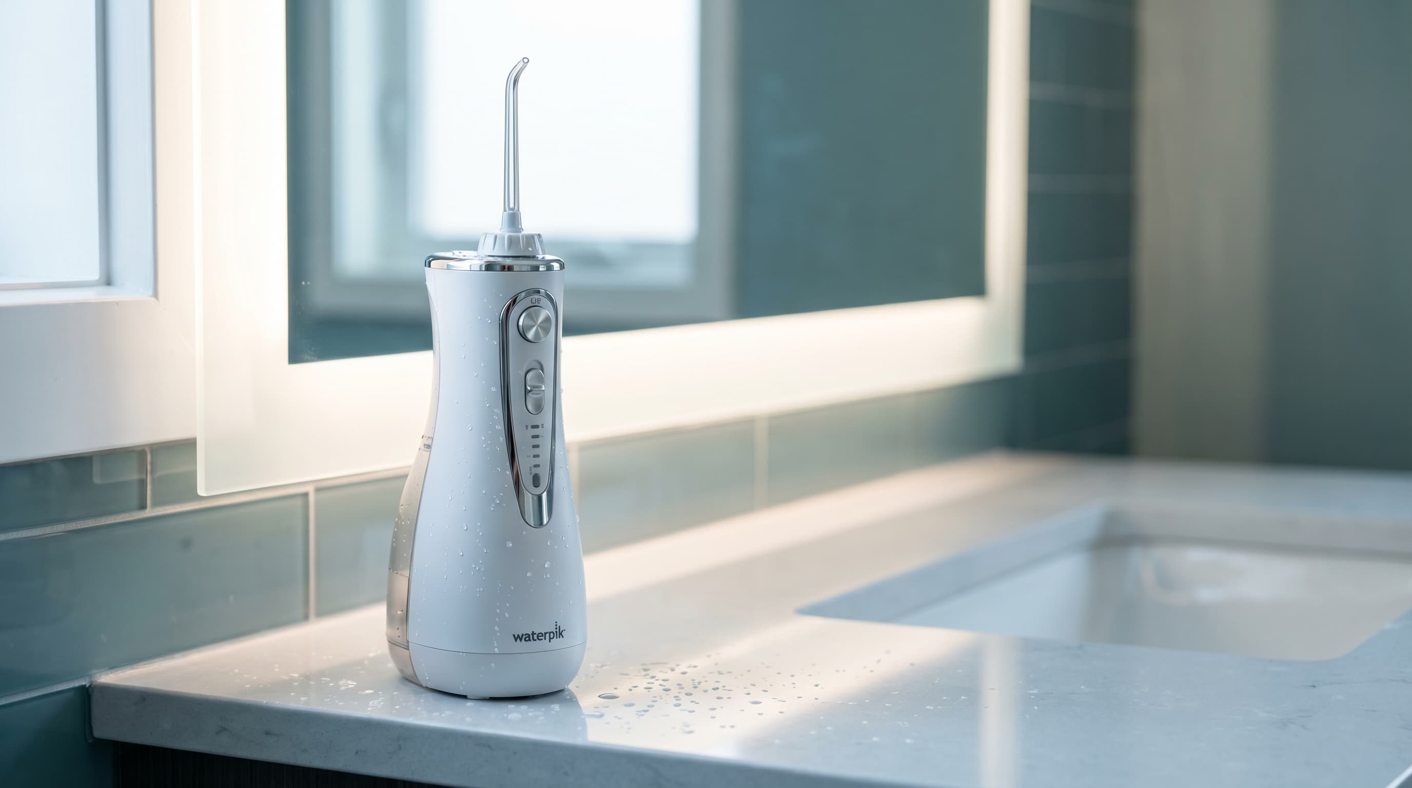 Water flosser on bathroom counter